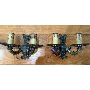 Vintage Ornate Pair of Brass Style Double Candle Electric Wall Sconces Italy